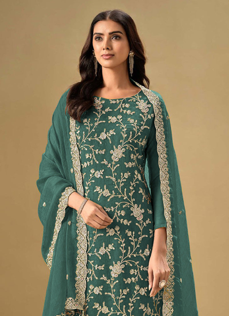 Vegaa Fashion Aqua Blue Chinon Sequence Embroidered Salwar Suit