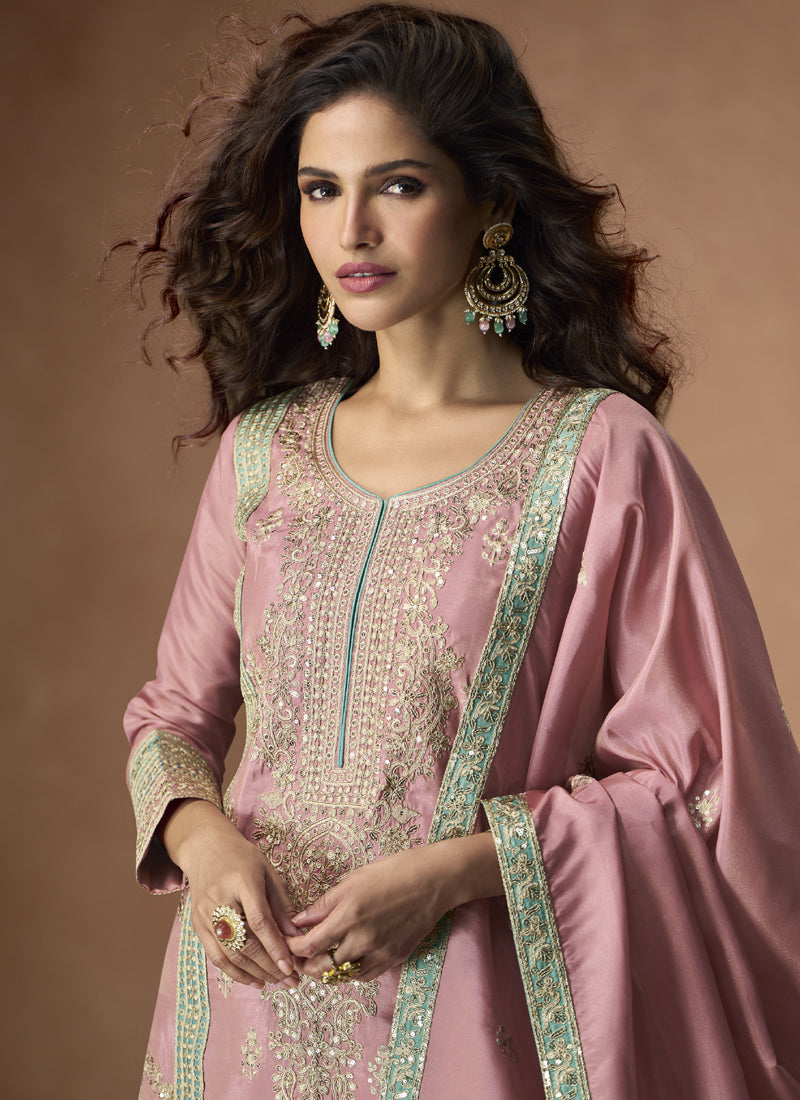 Vegaa Fashion Onion Pink Organza Simar Silk Embroidered Palazzo Suit