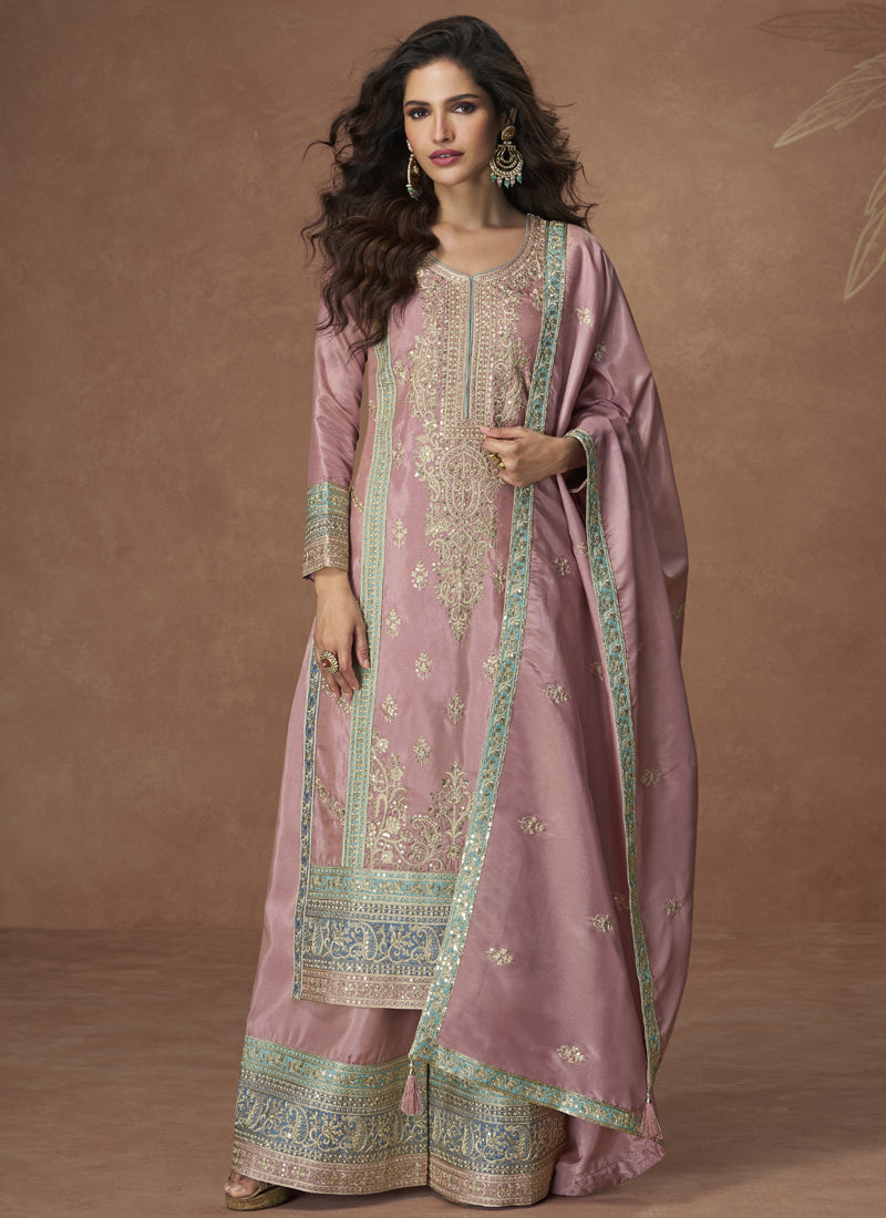 Vegaa Fashion Onion Pink Organza Simar Silk Embroidered Palazzo Suit