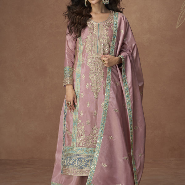 Vegaa Fashion Onion Pink Organza Simar Silk Embroidered Palazzo Suit - Distacart