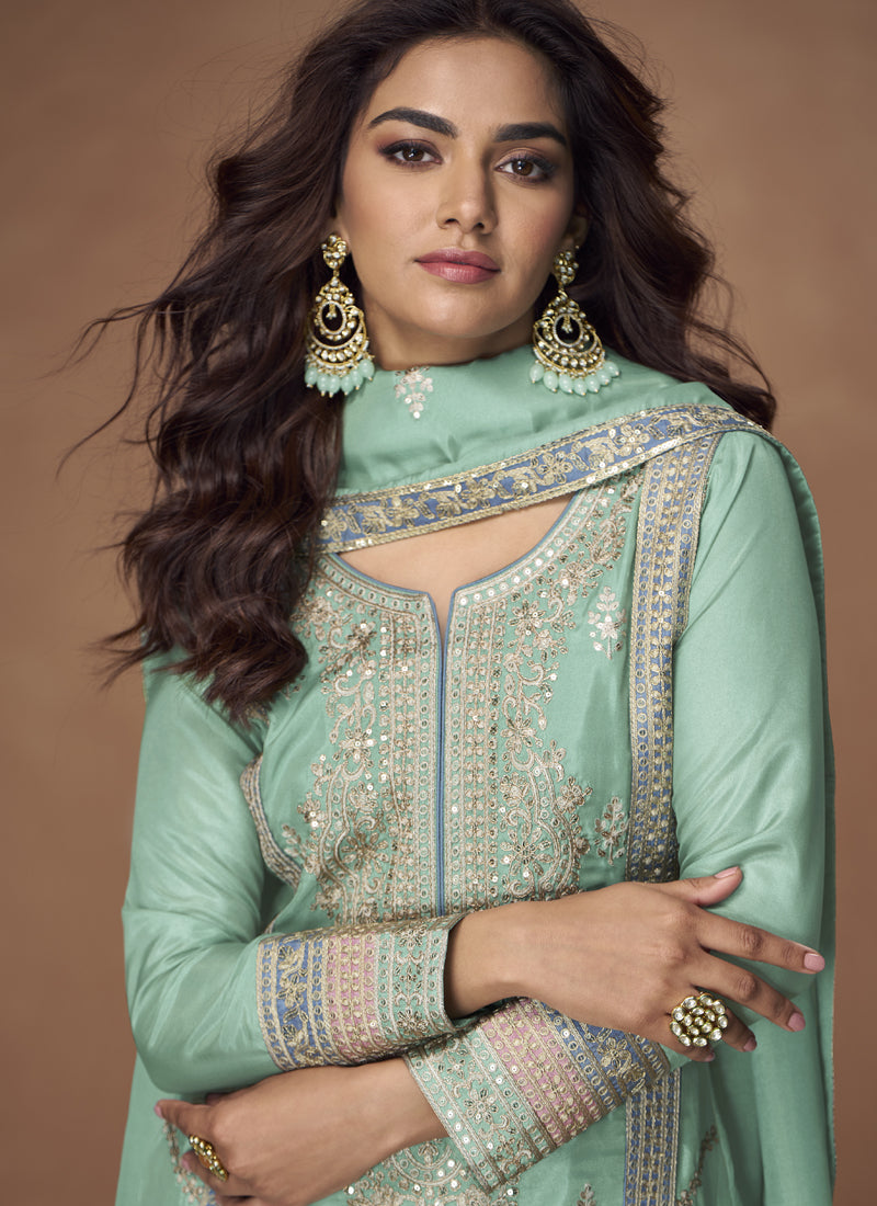 Vegaa Fashion Sea Green Organza Simar Silk Embroidered Palazzo Suit