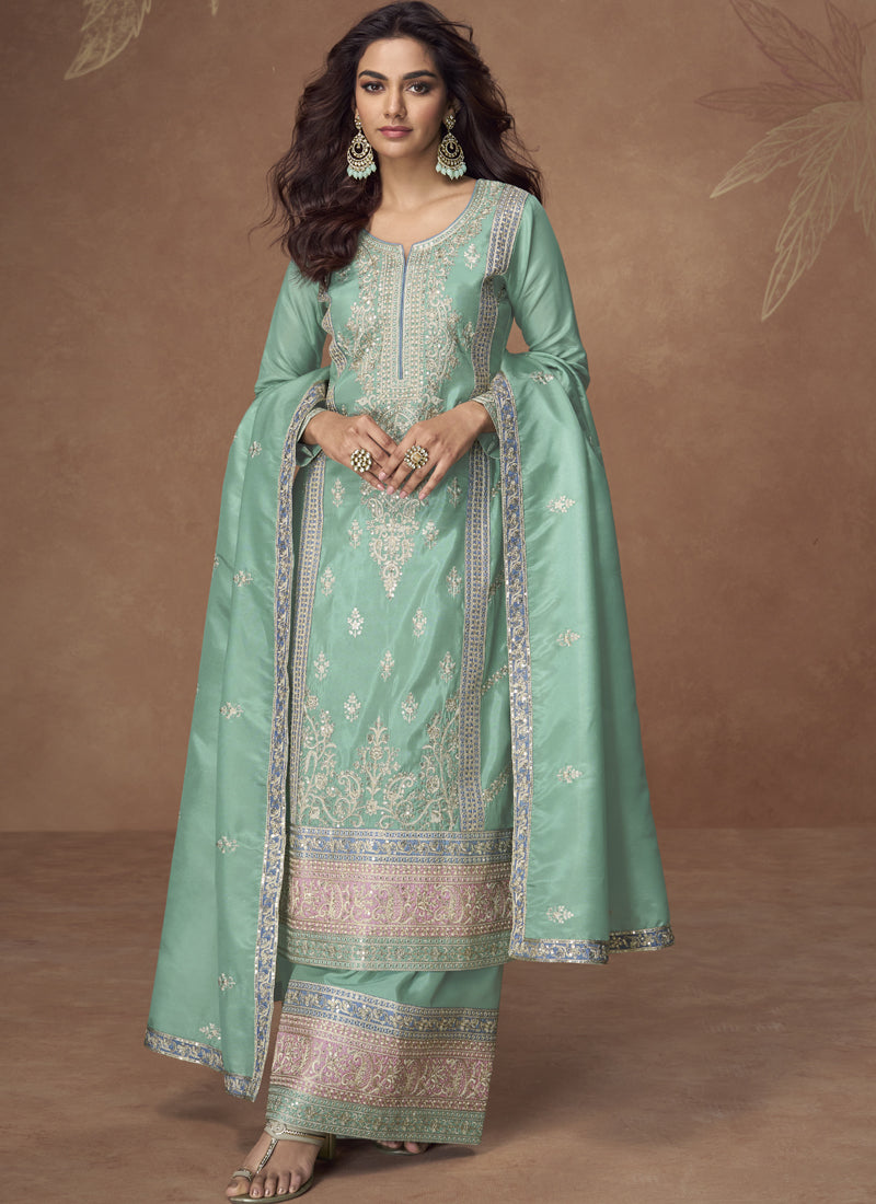 Vegaa Fashion Sea Green Organza Simar Silk Embroidered Palazzo Suit