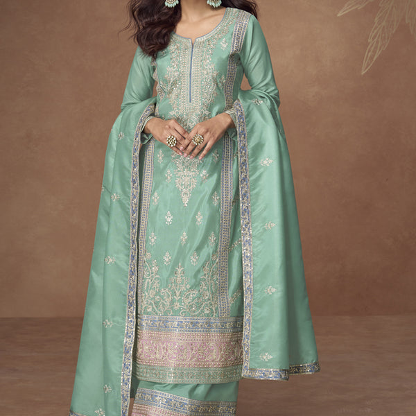 Vegaa Fashion Sea Green Organza Simar Silk Embroidered Palazzo Suit - Distacart