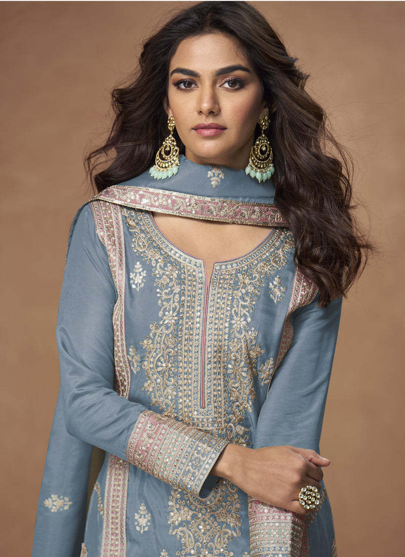 Vegaa Fashion Grey Organza Simar Silk Embroidered Palazzo Suit