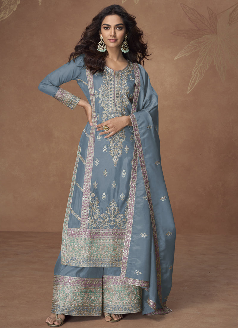 Vegaa Fashion Grey Organza Simar Silk Embroidered Palazzo Suit