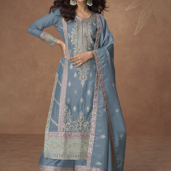 Vegaa Fashion Grey Organza Simar Silk Embroidered Palazzo Suit - Distacart
