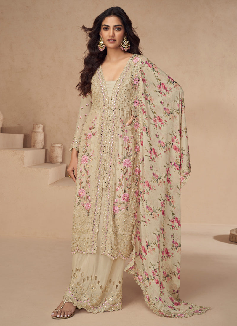 Vegaa Fashion Cream Chinon Silk Embroidered Palazzo Suit