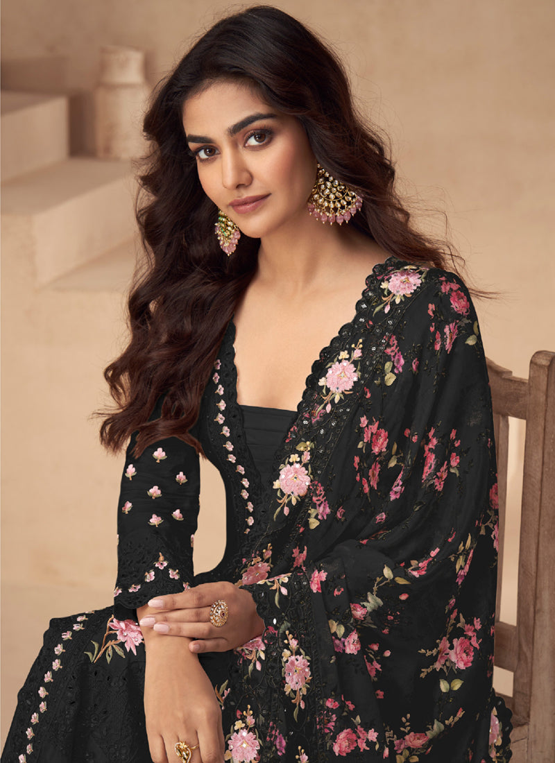 Vegaa Fashion Black Chinon Silk Embroidered Palazzo Suit