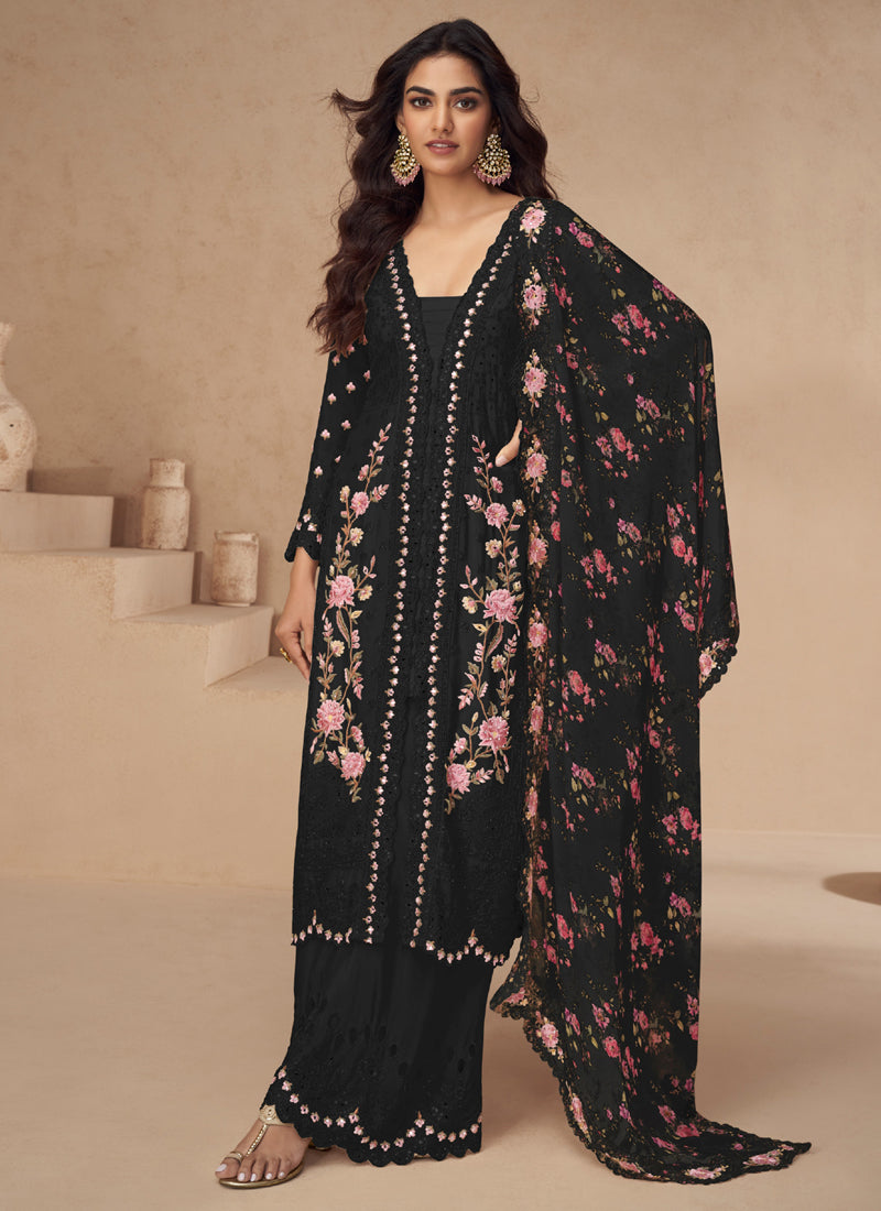 Vegaa Fashion Black Chinon Silk Embroidered Palazzo Suit