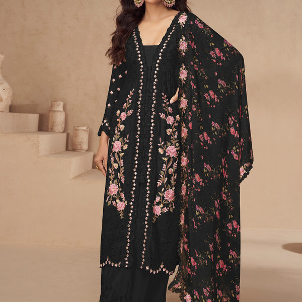 Vegaa Fashion Black Chinon Silk Embroidered Palazzo Suit - Distacart