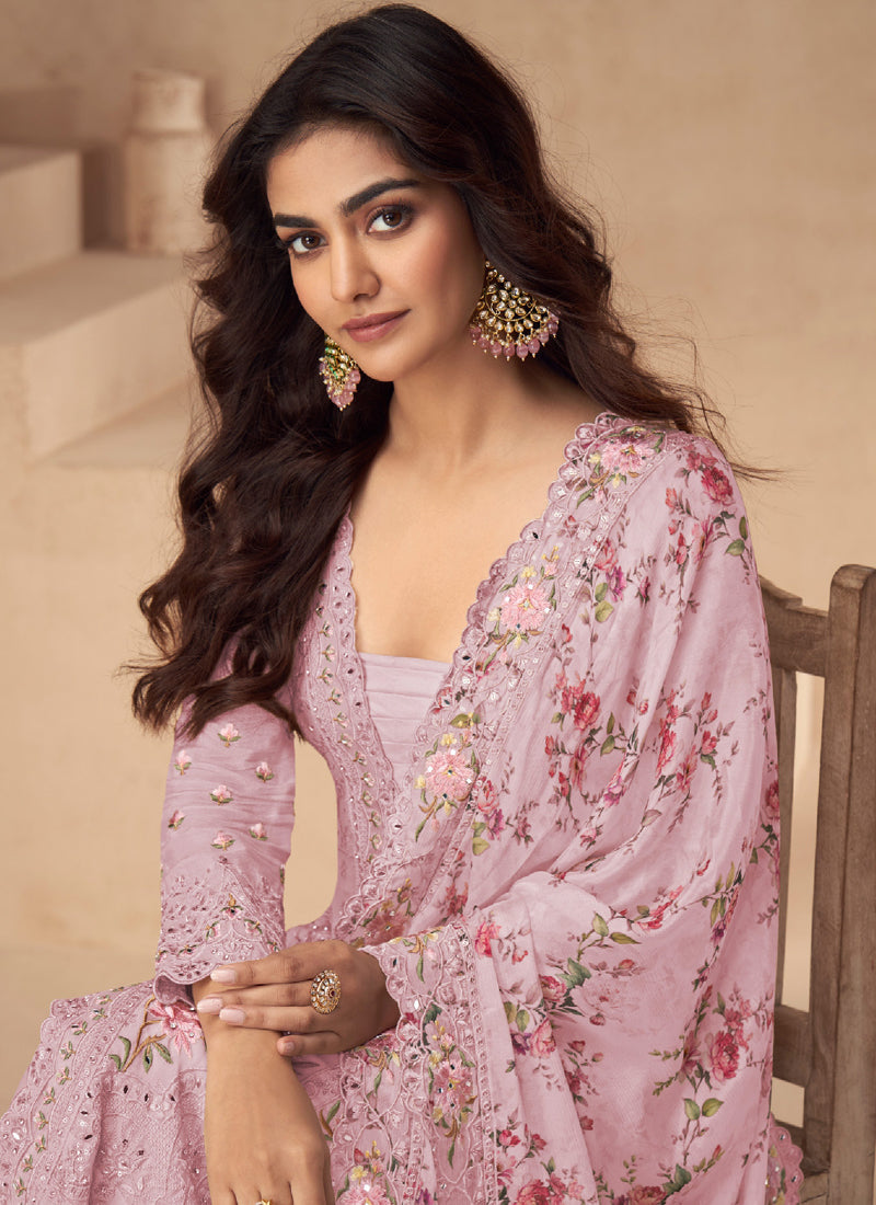 Vegaa Fashion Light Pink Chinon Silk Embroidered Palazzo Suit