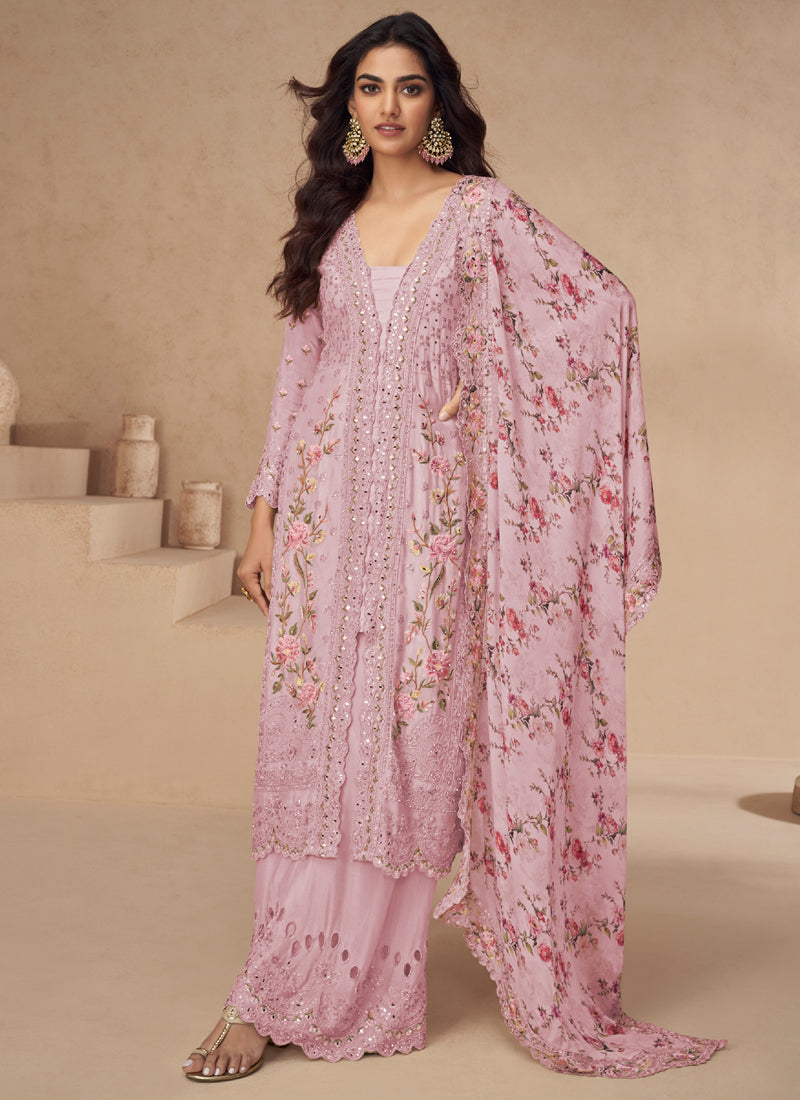 Vegaa Fashion Light Pink Chinon Silk Embroidered Palazzo Suit
