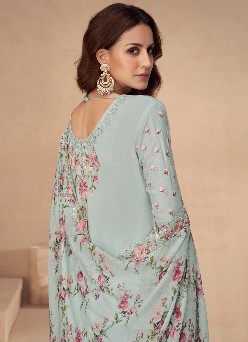 Vegaa Fashion Sea Green Chinon Silk Embroidered Palazzo Suit