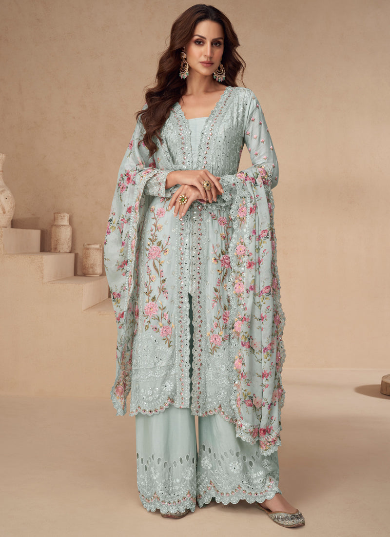 Vegaa Fashion Sea Green Chinon Silk Embroidered Palazzo Suit