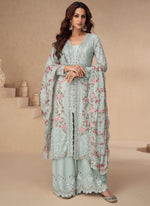 Thumbnail for Vegaa Fashion Sea Green Chinon Silk Embroidered Palazzo Suit