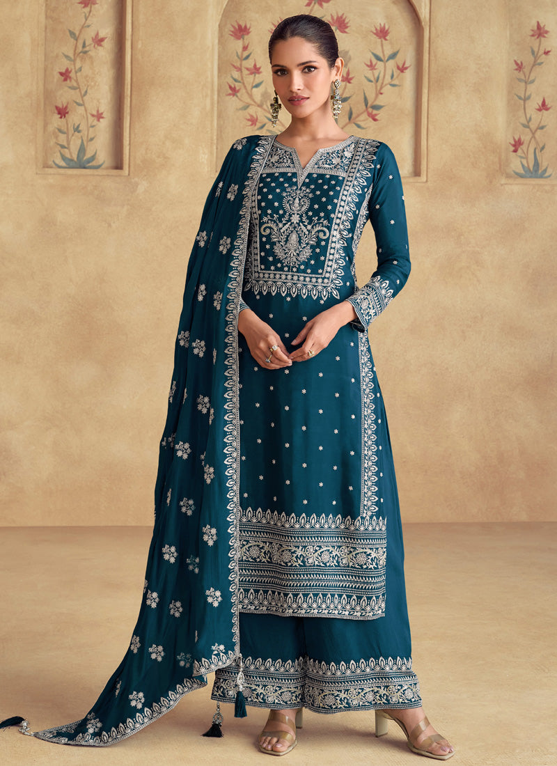 Vegaa Fashion Aqua Blue Georgette Embroidered Palazzo Suit