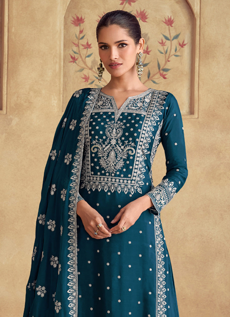 Vegaa Fashion Aqua Blue Georgette Embroidered Palazzo Suit