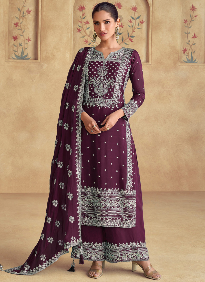 Vegaa Fashion Wine Georgette Embroidered Palazzo Suit