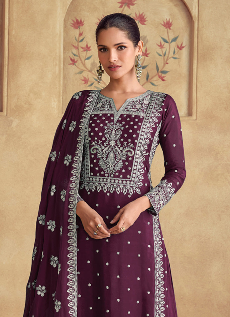 Vegaa Fashion Wine Georgette Embroidered Palazzo Suit