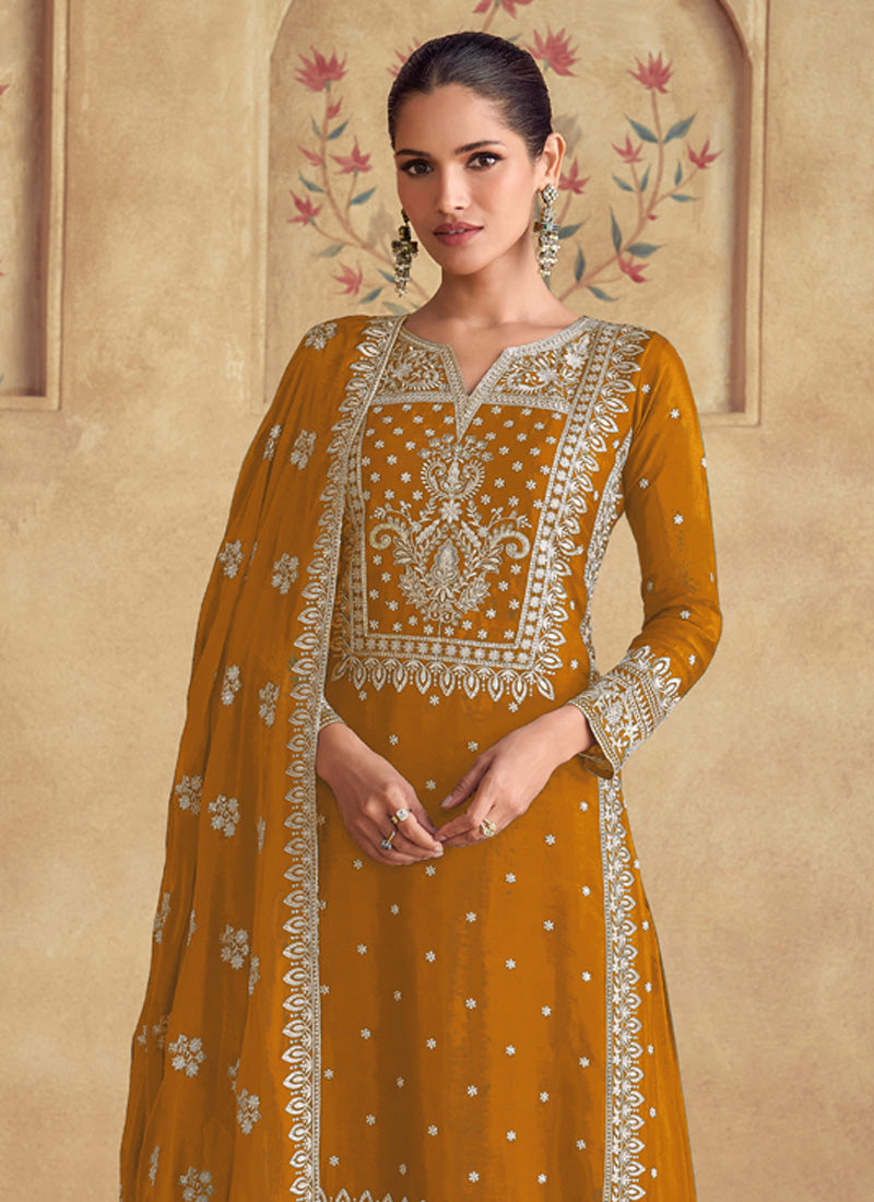 Vegaa Fashion Mustard Georgette Embroidered Palazzo Suit