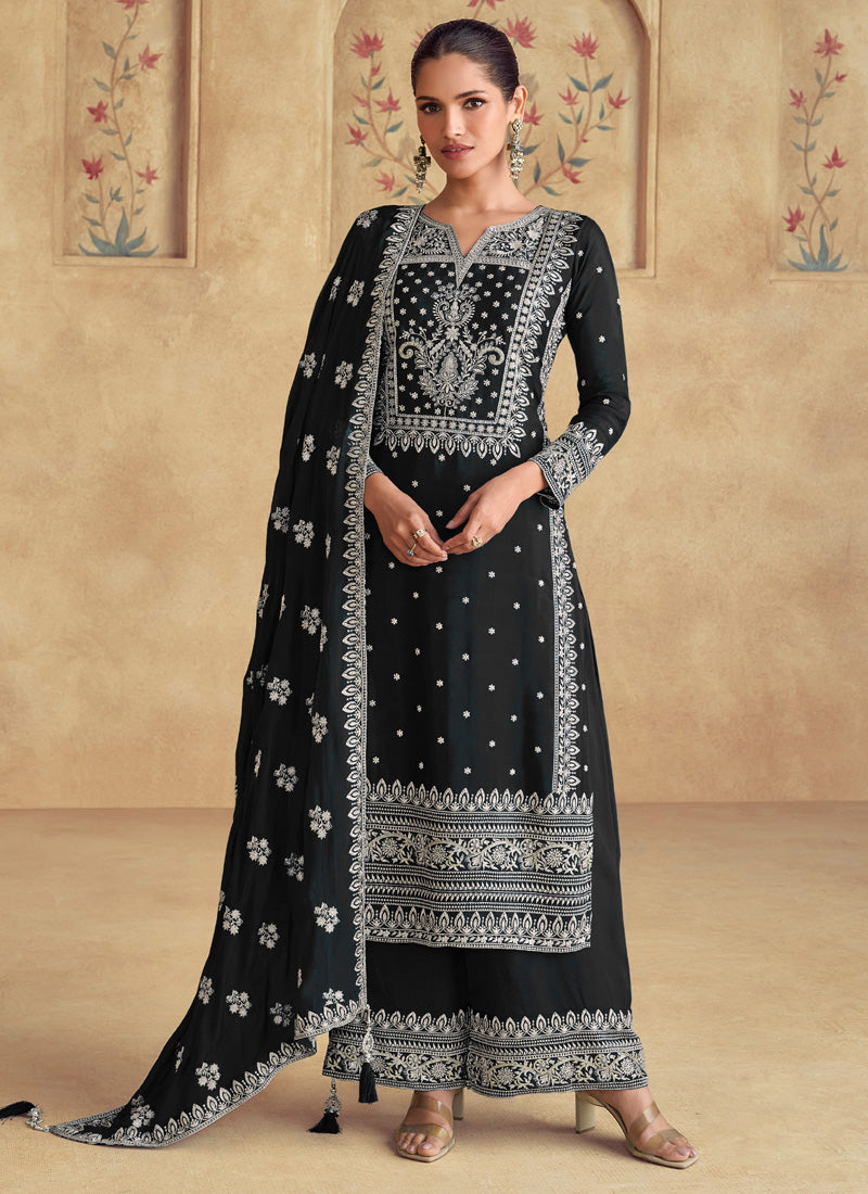 Vegaa Fashion Black Georgette Embroidered Palazzo Suit