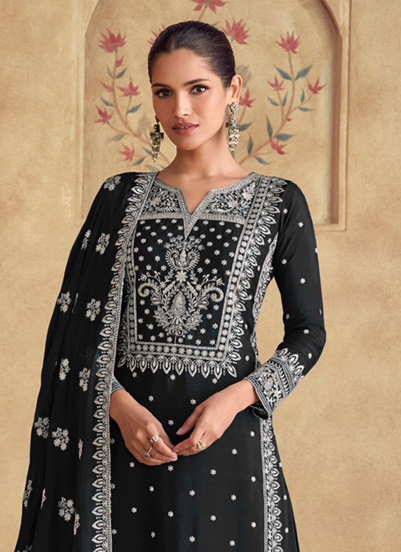 Vegaa Fashion Black Georgette Embroidered Palazzo Suit