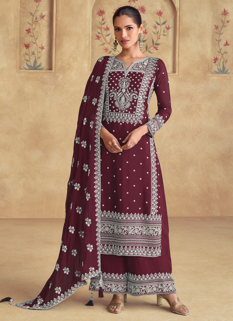 Vegaa Fashion Maroon Georgette Embroidered Palazzo Suit