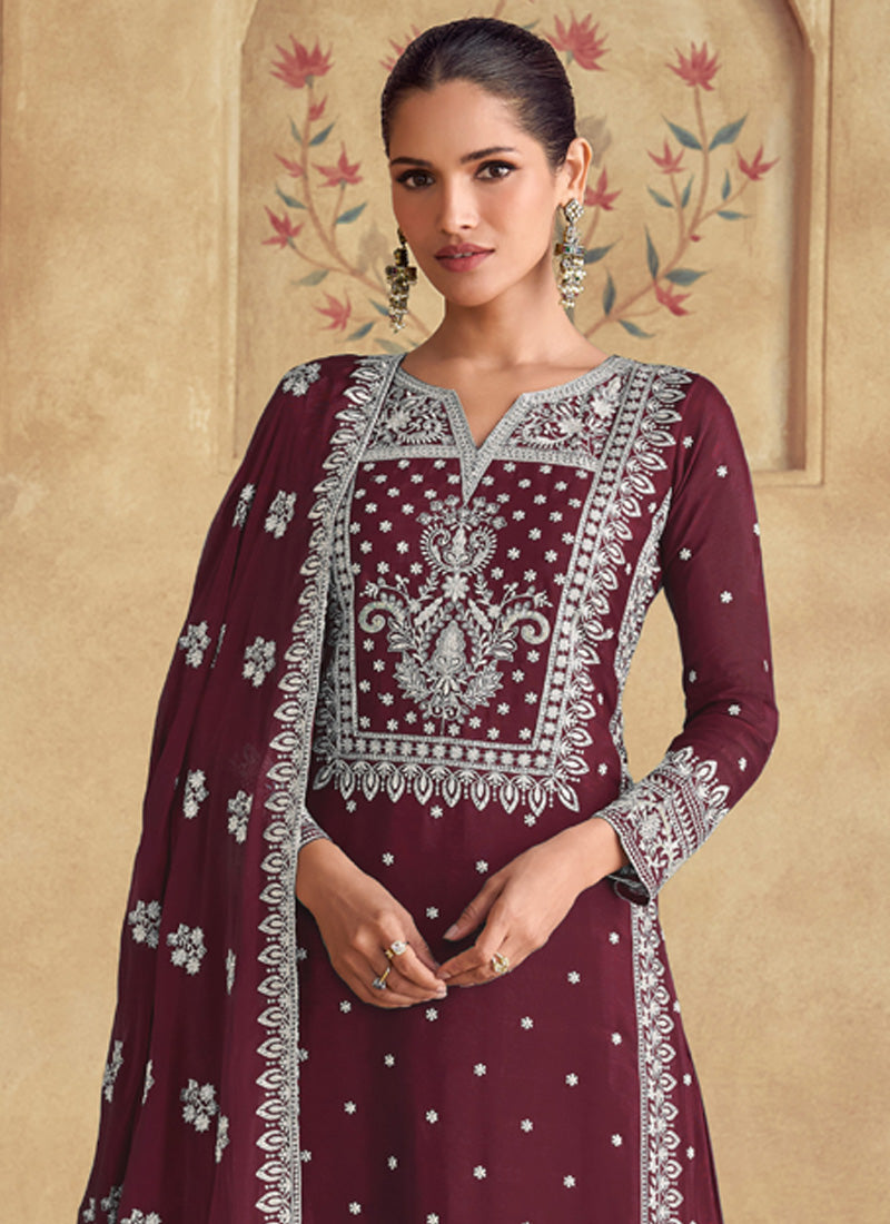 Vegaa Fashion Maroon Georgette Embroidered Palazzo Suit