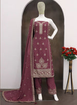 Thumbnail for Vegaa Fashion Dark Peach Chinon Silk Embroidered Designer Salwar Suit - Distacart