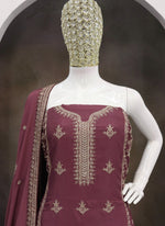 Thumbnail for Vegaa Fashion Dark Peach Chinon Silk Embroidered Designer Salwar Suit - Distacart
