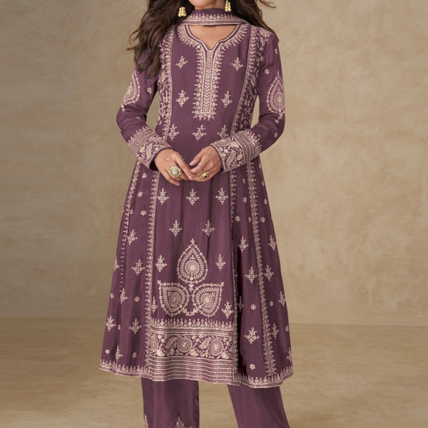 Vegaa Fashion Dark Peach Chinon Silk Embroidered Designer Salwar Suit - Distacart