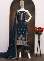 Thumbnail for Vegaa Fashion Blue Chinon Silk Embroidered Designer Salwar Suit