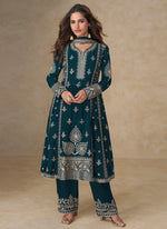 Thumbnail for Vegaa Fashion Blue Chinon Silk Embroidered Designer Salwar Suit