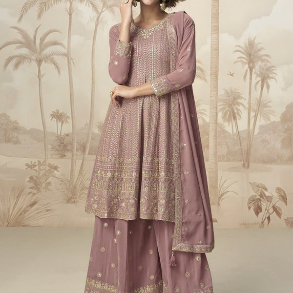 Vegaa Fashion Peach Georgette Embroidered Designer Palazzo Suit - Distacart