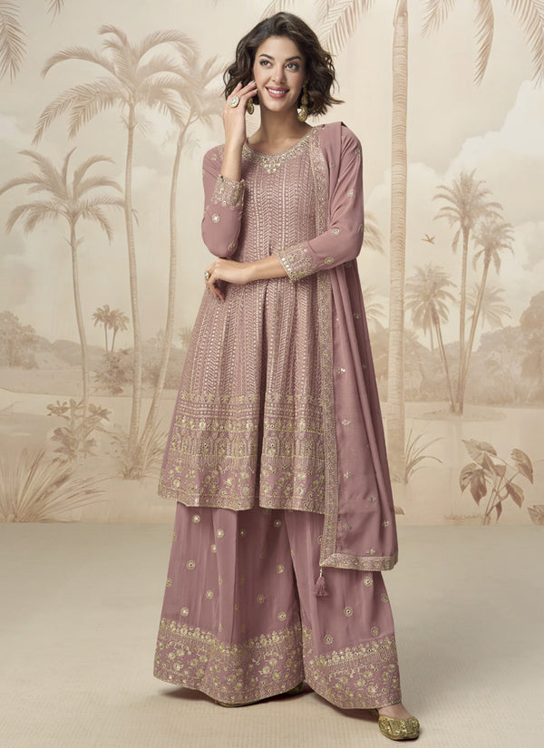 Vegaa Fashion Peach Georgette Embroidered Designer Palazzo Suit