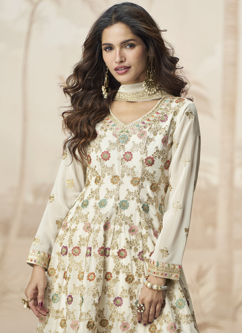 Vegaa Fashion Off White Georgette Embroidered Designer Palazzo Suit