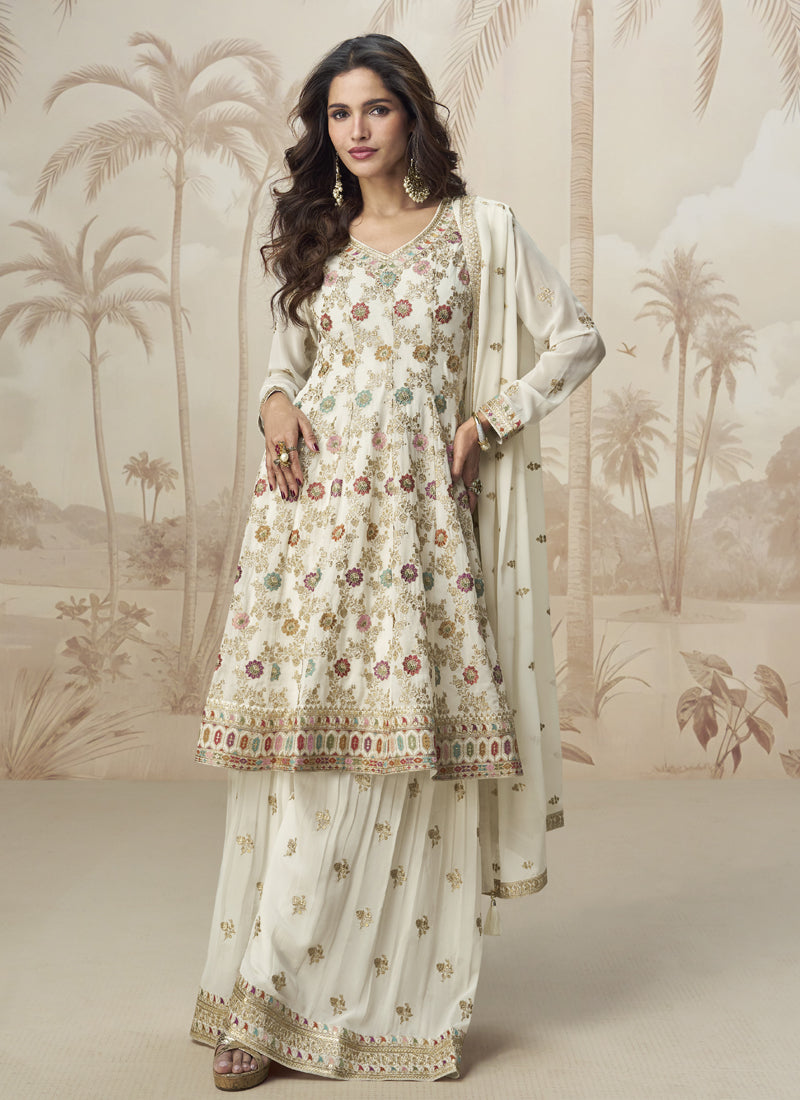 Vegaa Fashion Off White Georgette Embroidered Designer Palazzo Suit