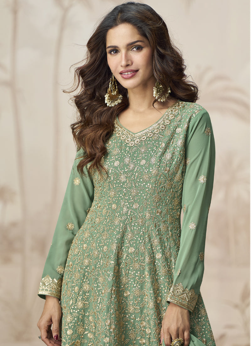 Vegaa Fashion Pista Green Georgette Embroidered Designer Palazzo Suit
