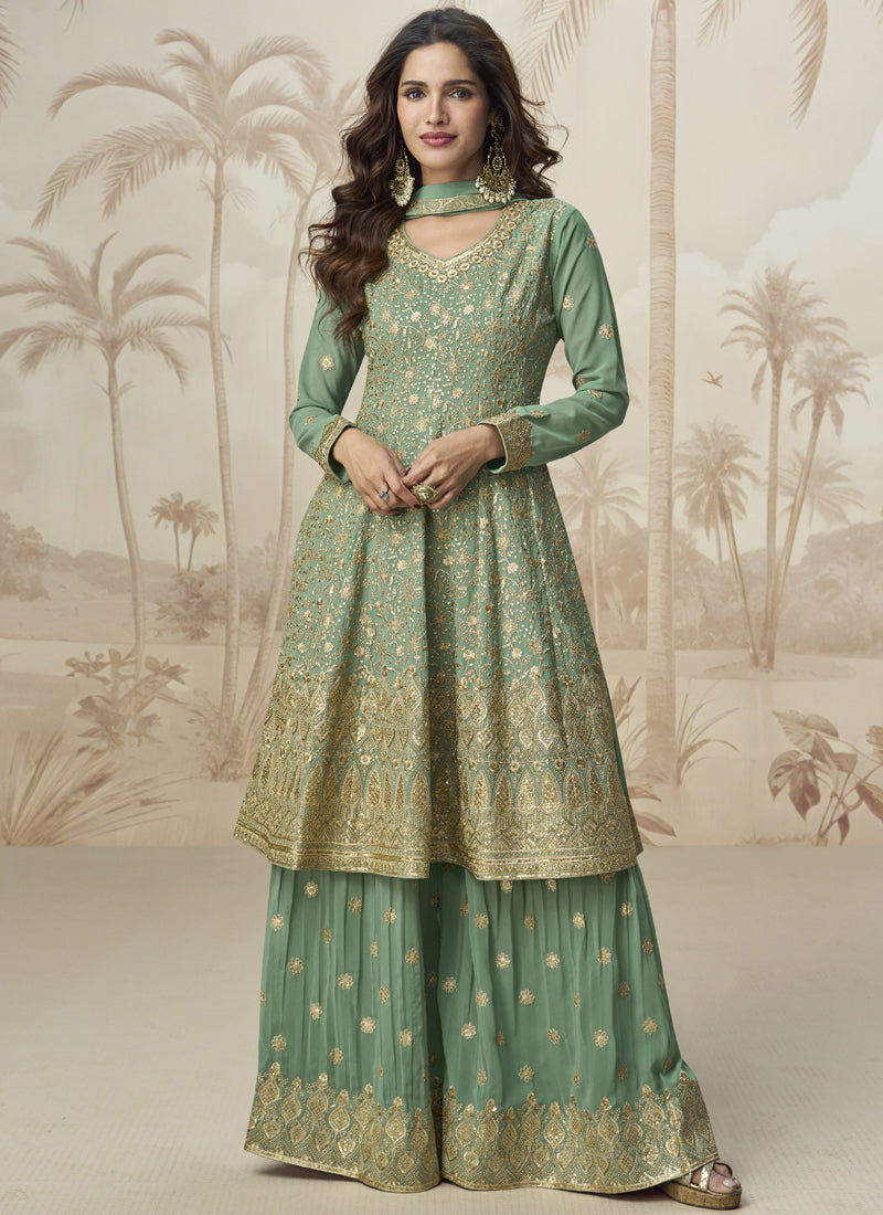 Vegaa Fashion Pista Green Georgette Embroidered Designer Palazzo Suit