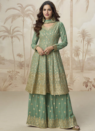 Vegaa Fashion Pista Green Georgette Embroidered Designer Palazzo Suit