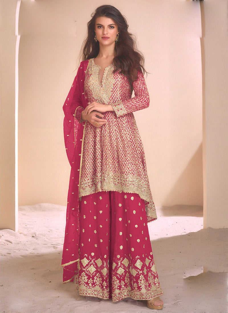 Vegaa Fashion Pink Georgette Embroidered Palazzo Suit