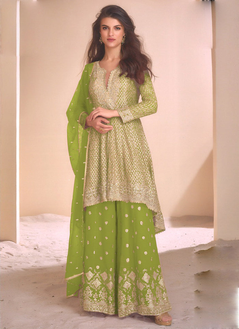 Vegaa Fashion Light Green Georgette Embroidered Palazzo Suit