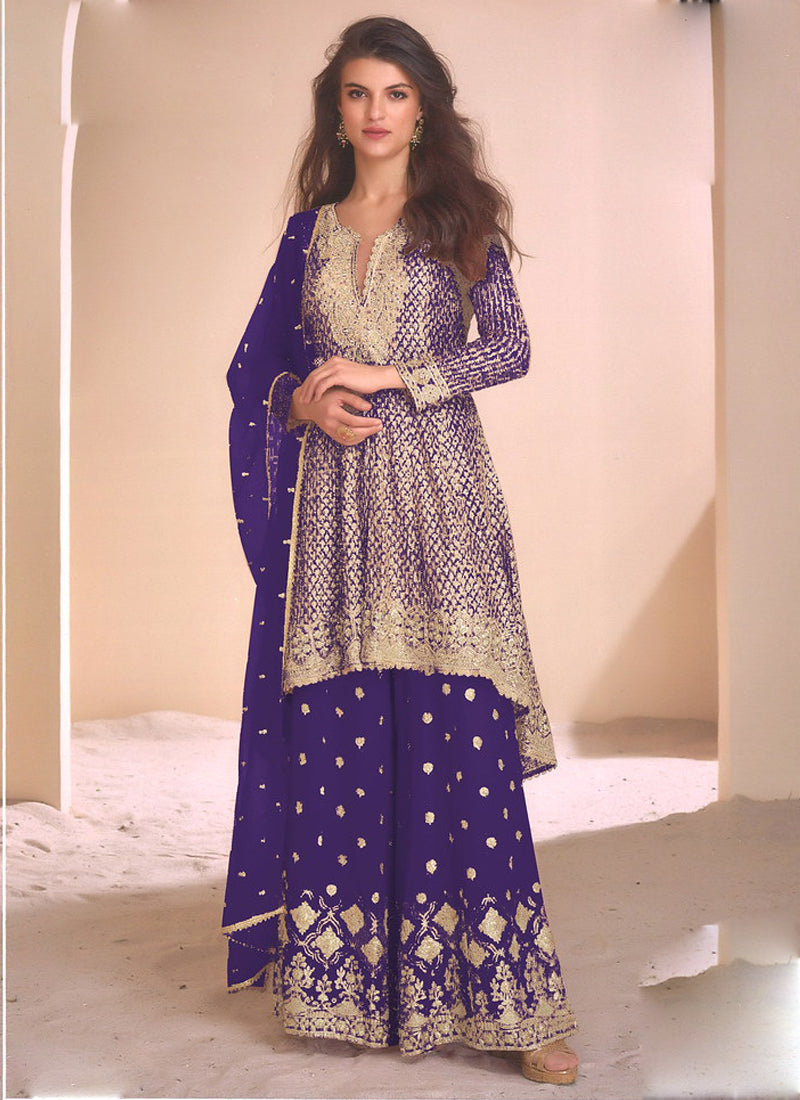 Vegaa Fashion Violet Georgette Embroidered Palazzo Suit