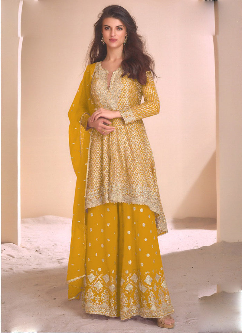 Vegaa Fashion Yellow Georgette Embroidered Palazzo Suit