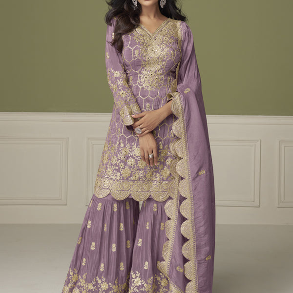 Vegaa Fashion Lavender Simar Silk Embroidered Designer Palazzo Suit