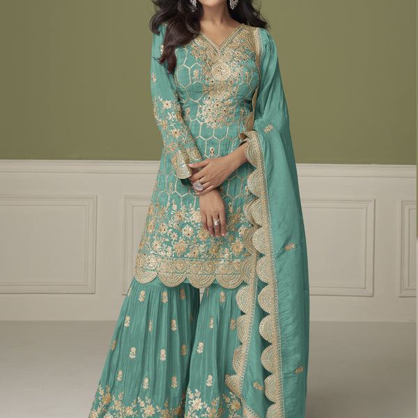 Vegaa Fashion Sea Green Simar Silk Embroidered Designer Palazzo Suit