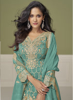 Thumbnail for Vegaa Fashion Sea Green Simar Silk Embroidered Designer Palazzo Suit
