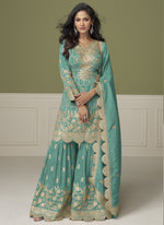 Thumbnail for Vegaa Fashion Sea Green Simar Silk Embroidered Designer Palazzo Suit