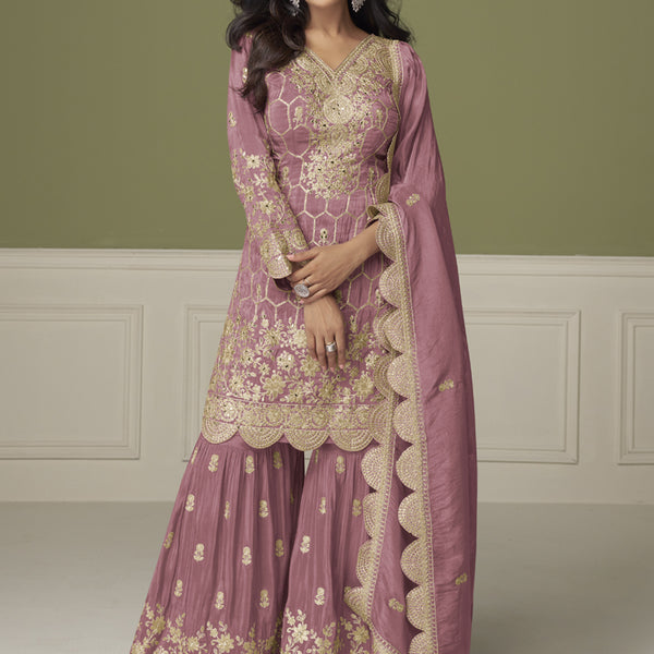 Vegaa Fashion Onion Pink Simar Silk Embroidered Designer Palazzo Suit