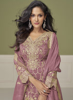 Thumbnail for Vegaa Fashion Onion Pink Simar Silk Embroidered Designer Palazzo Suit